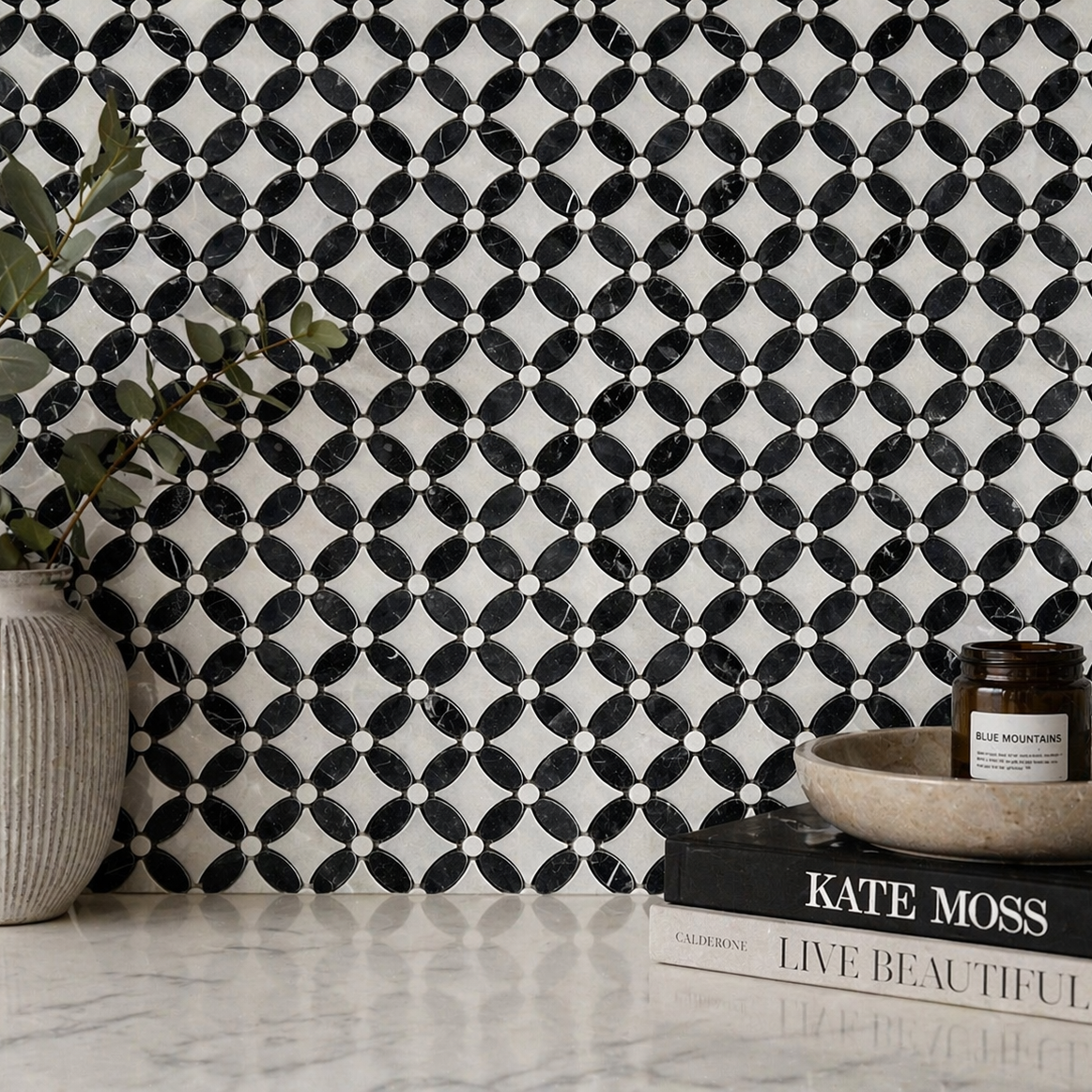 Full mesh-backed sheet of polished Carrara White and Nero Marquina marble flower mosaic