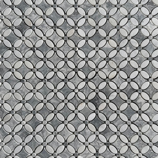 Carrara White - Platinum Grey Polished Marble Flower Mosaic Wall & Floor Tile