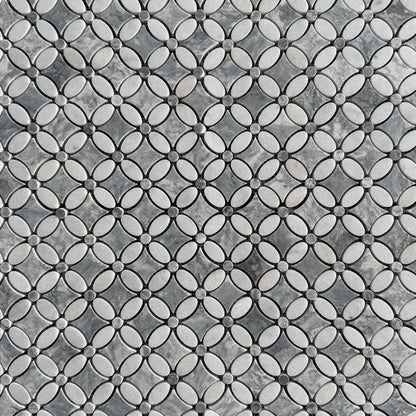 Close detail of the grey marble centre and white Carrara petals in the polished flower mosaic