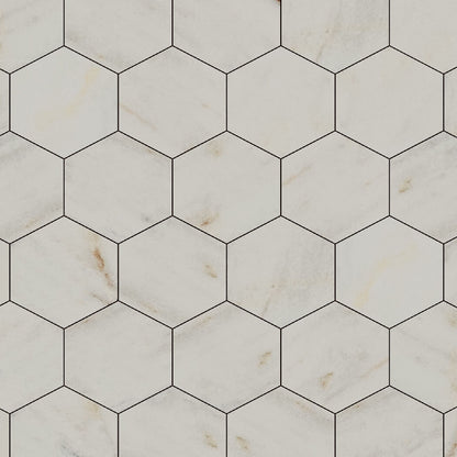 Honed Calacatta marble hexagons laid as a honeycomb bathroom floor