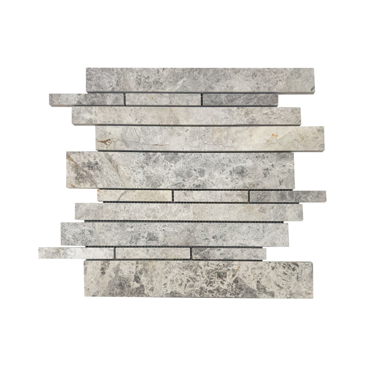 Silver Shadow polished marble strip bar mosaic sheet in cool dove grey