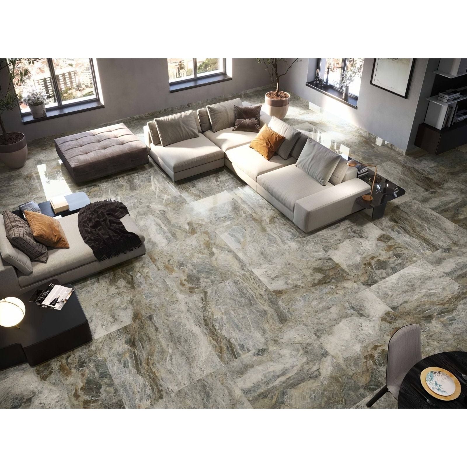 Danubio 1847 atlantis polished gray and white marble patterned floor tiles with a polished reflective surface