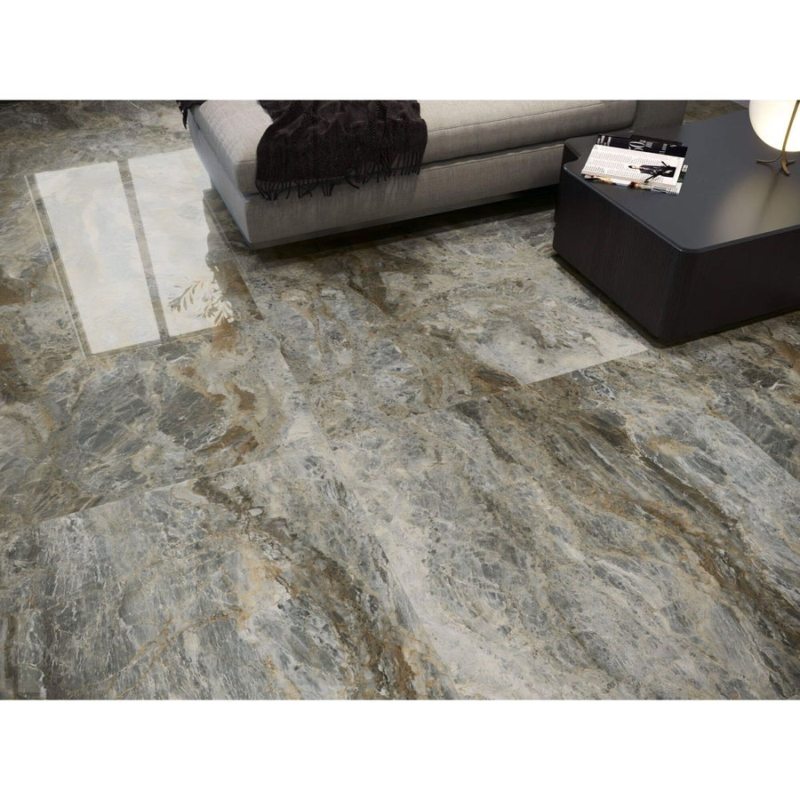 Danubio 1847 Atlantis polished gray and beige marble effect floor tiles with a reflective surface