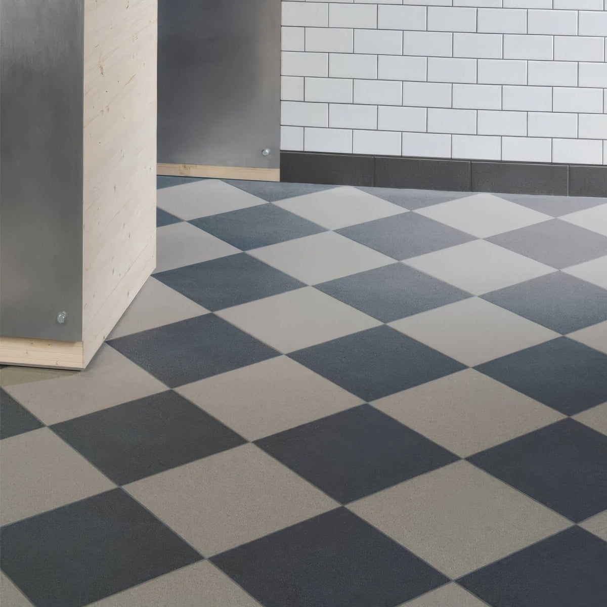 Dark grey flat quarry tile 300x300x9mm featuring black and beige checkered vinyl floor tiles pattern