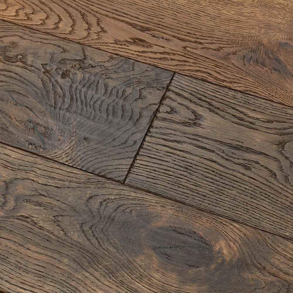 Dark brown Dartmouth Gingersnap Oak reclaimed wood flooring with rustic weathered finish and natural grain patterns