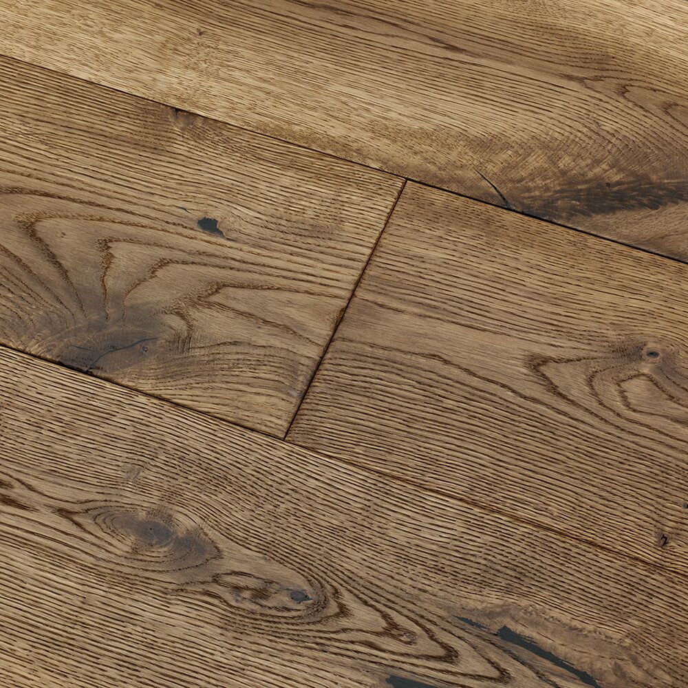 Warm-toned Dartmouth smoked oak hardwood flooring with rustic reclaimed appearance and natural wood grain patterns