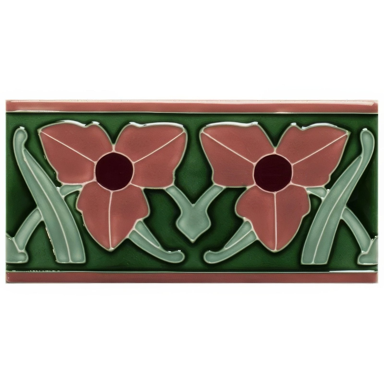 Dauphine border green ceramic tile with pink flowers and stylized leaves in art deco design on victorian green background