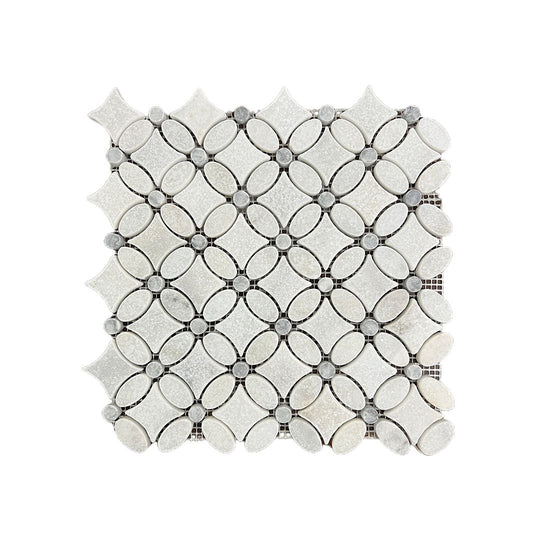 Carrara White - Platinum Grey Tumbled Marble Flower Mosaic Wall & Floor Tile - alternate view