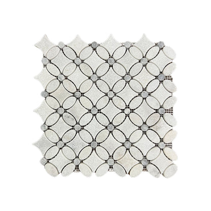Carrara White - Platinum Grey Tumbled Marble Flower Mosaic Wall & Floor Tile - thumbnail 2