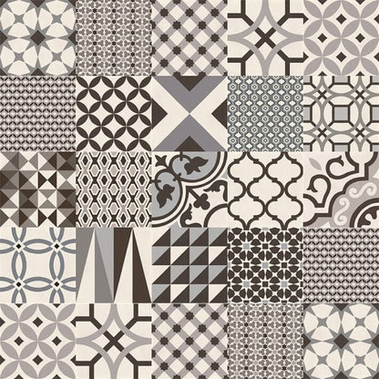 A collection of vintage-inspired monochrome mosaic tiles with intricate geometric and floral patterns from de-segni decor random cold mix
