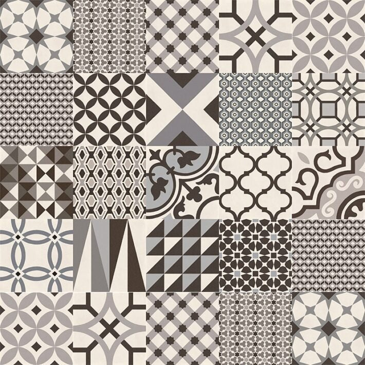 A collection of vintage-inspired monochrome mosaic tiles with intricate geometric and floral patterns from de-segni decor random cold mix