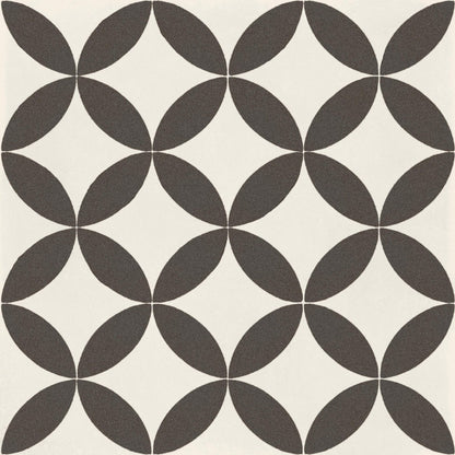 De-Segni MOUA 20 x 20cm dark gray and off-white geometric tile with repeating quatrefoil pattern for flooring and walls