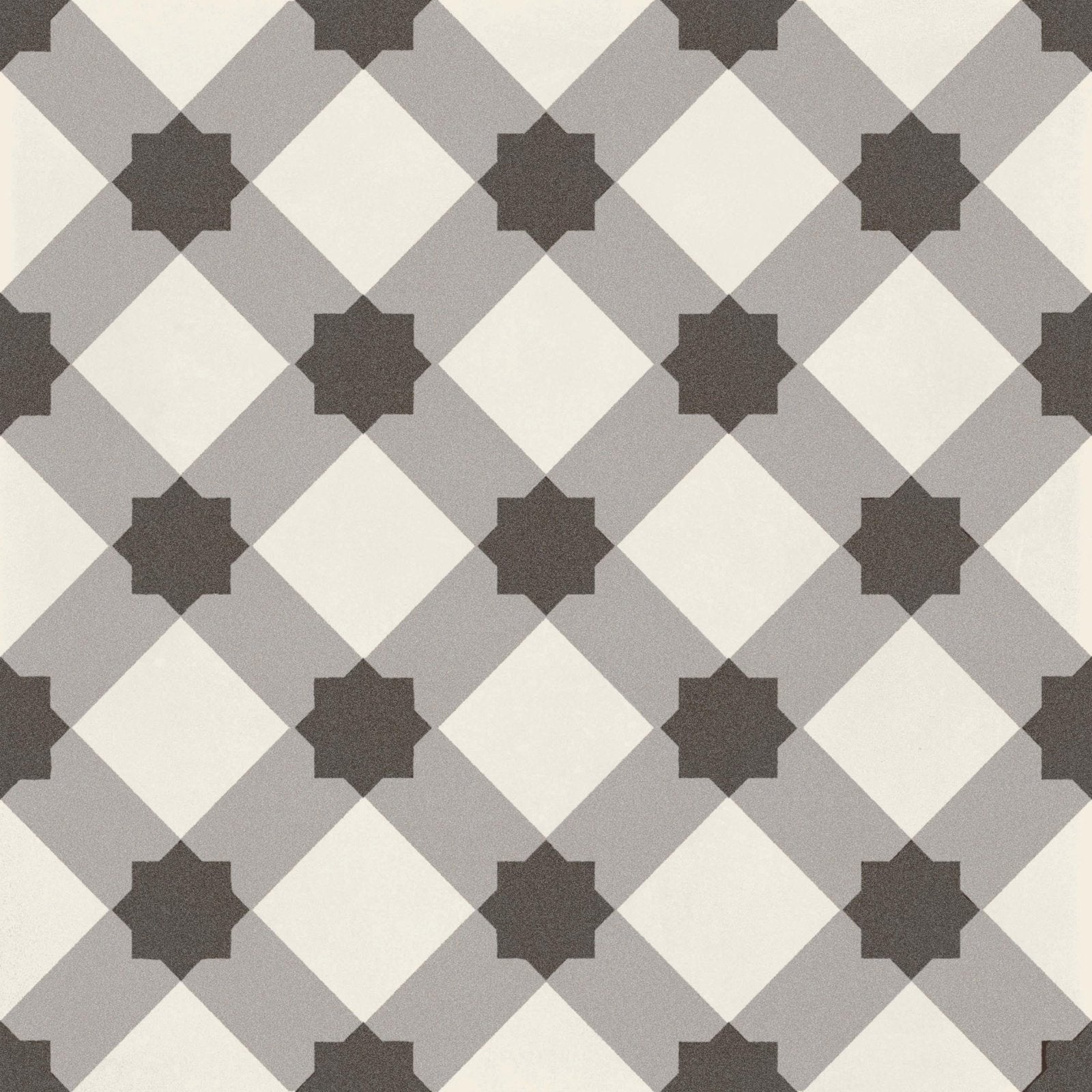Gray and white geometric patterned ceramic tile with dark gray star accents de-segni MOUC 20 x 20cm