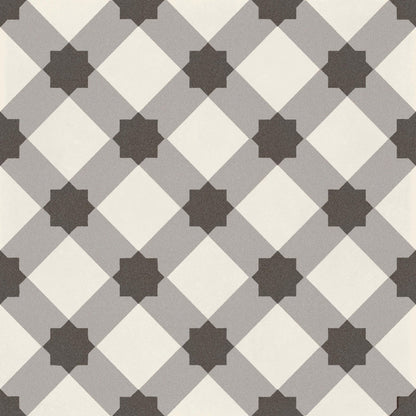 Gray and white geometric patterned ceramic tile with dark gray star accents de-segni MOUC 20 x 20cm
