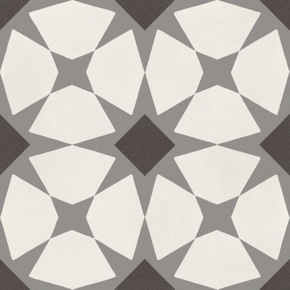 De-segni moun 20 x 20cm geometric patterned tile with white gray pentagonal shapes and central dark brown diamond design