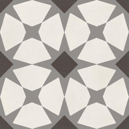 De-segni moun 20 x 20cm geometric patterned tile with white gray pentagonal shapes and central dark brown diamond design