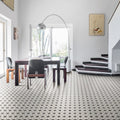 Black and white geometric patterned ceramic floor tiles De-Segni MOUN 20 x 20cm for stylish interior flooring