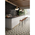 White tiled bar counter with dark countertop and wooden ceiling beams in de-segni osso blend 12 design