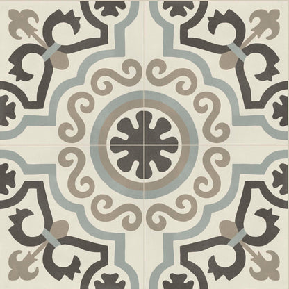 Beige and gray ornate patterned tile with central floral motif and swirling decorative lines in de-segni osso blend 12