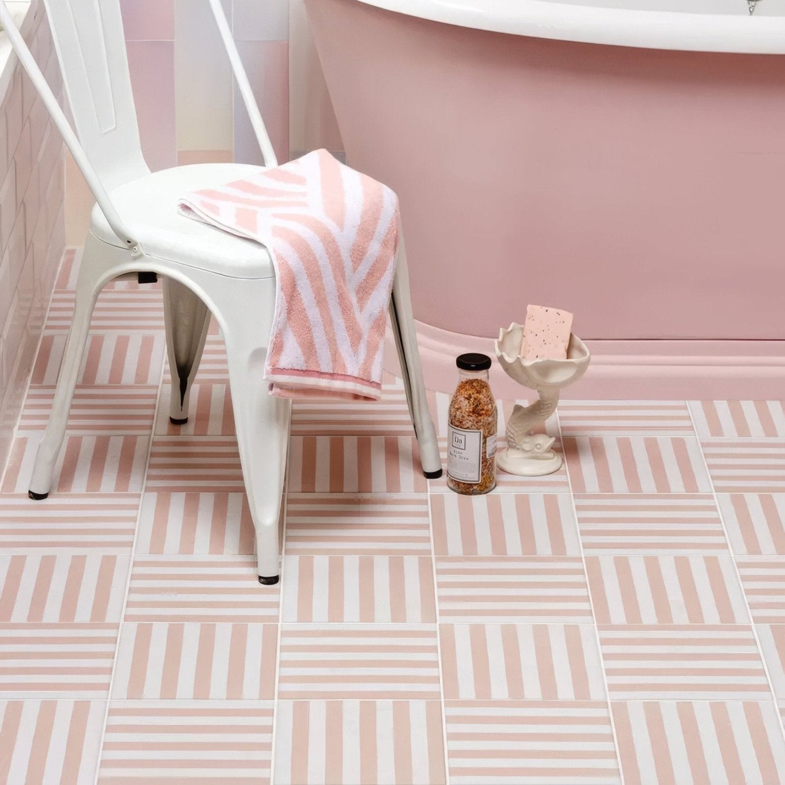 Pink and white striped geometric porcelain floor tiles from deck chair porcelain rose collection
