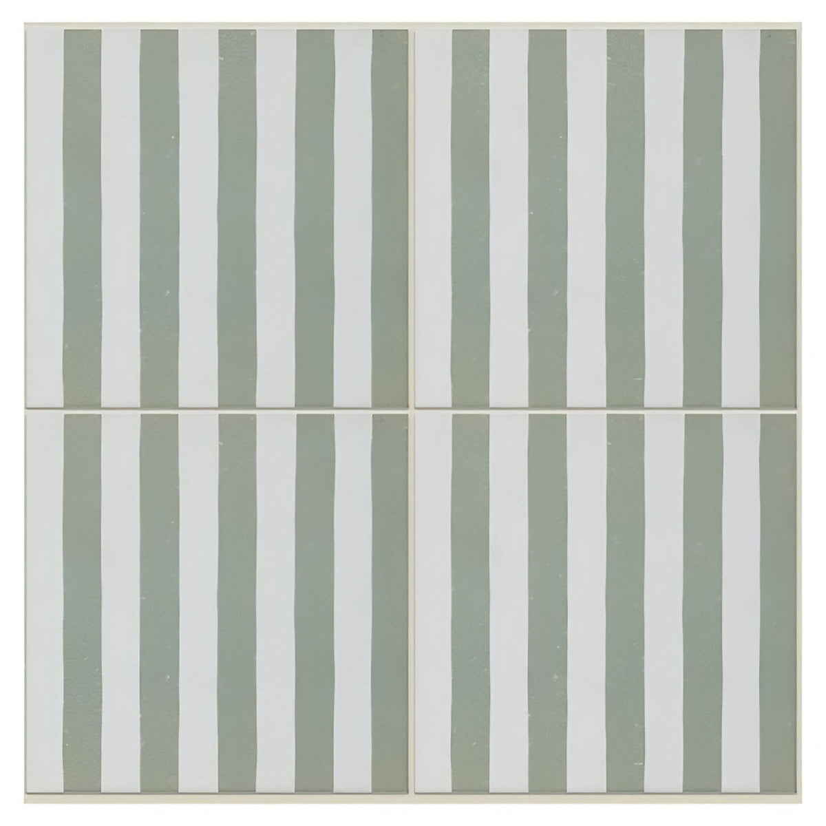 Four porcelain deck chair tiles in muted sage green and off-white vertical stripes for outdoor decor