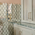 Deco glass bell silver mosaic decorative mirrored tile wall with intricate quatrefoil pattern and dark metallic borders