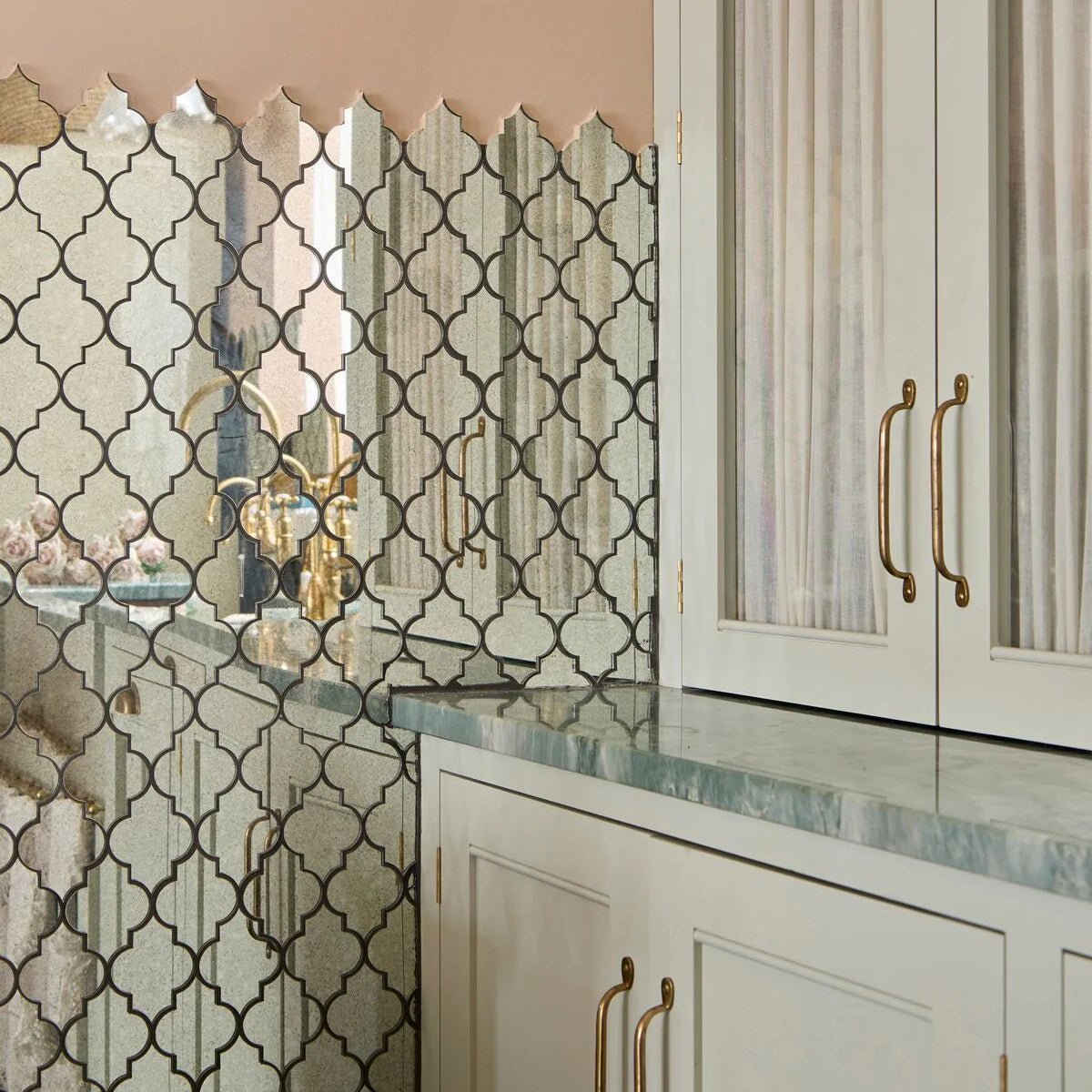 Deco glass bell silver mosaic decorative mirrored tile wall with intricate quatrefoil pattern and dark metallic borders