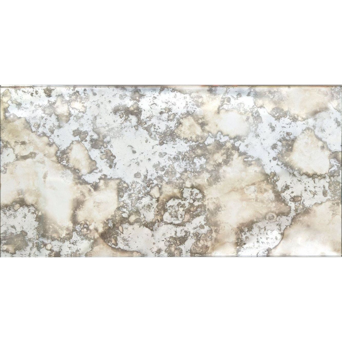 Rectangular vintage-style mirror with distressed silver and cream patina finish featured in deco glass pewter wall tile