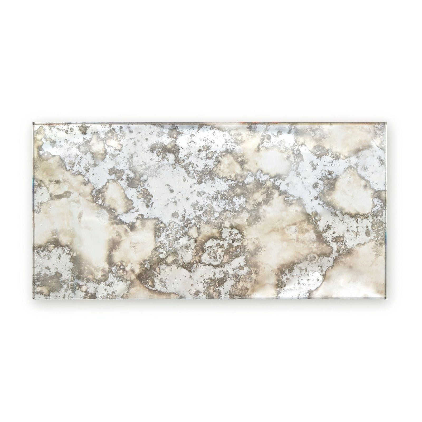 Rectangular vintage-style mirror with distressed silver and cream patina finish featured in deco glass pewter wall tile