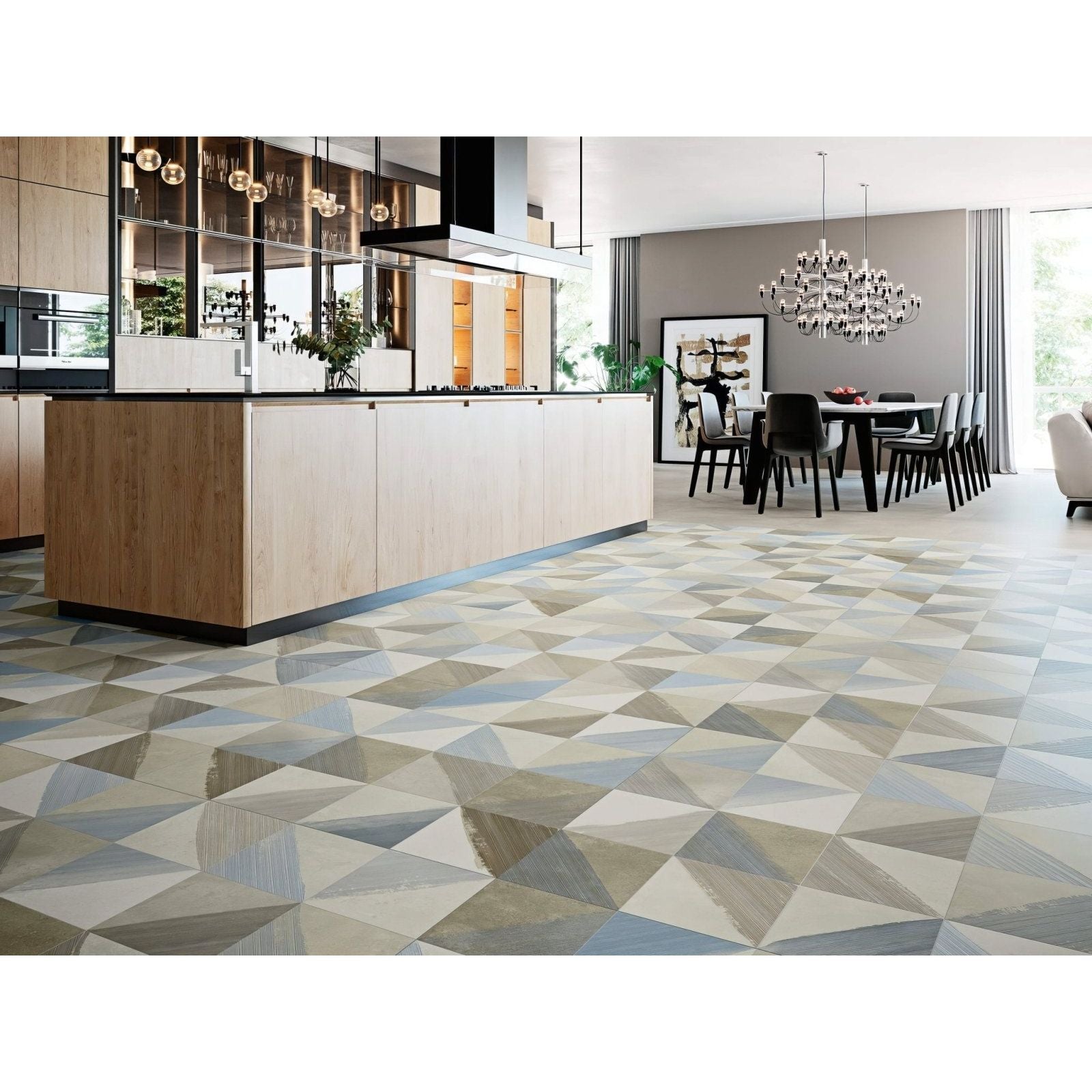Geometric patterned floor tiles in muted gray beige and soft blue tones from decor munich 1820 collection