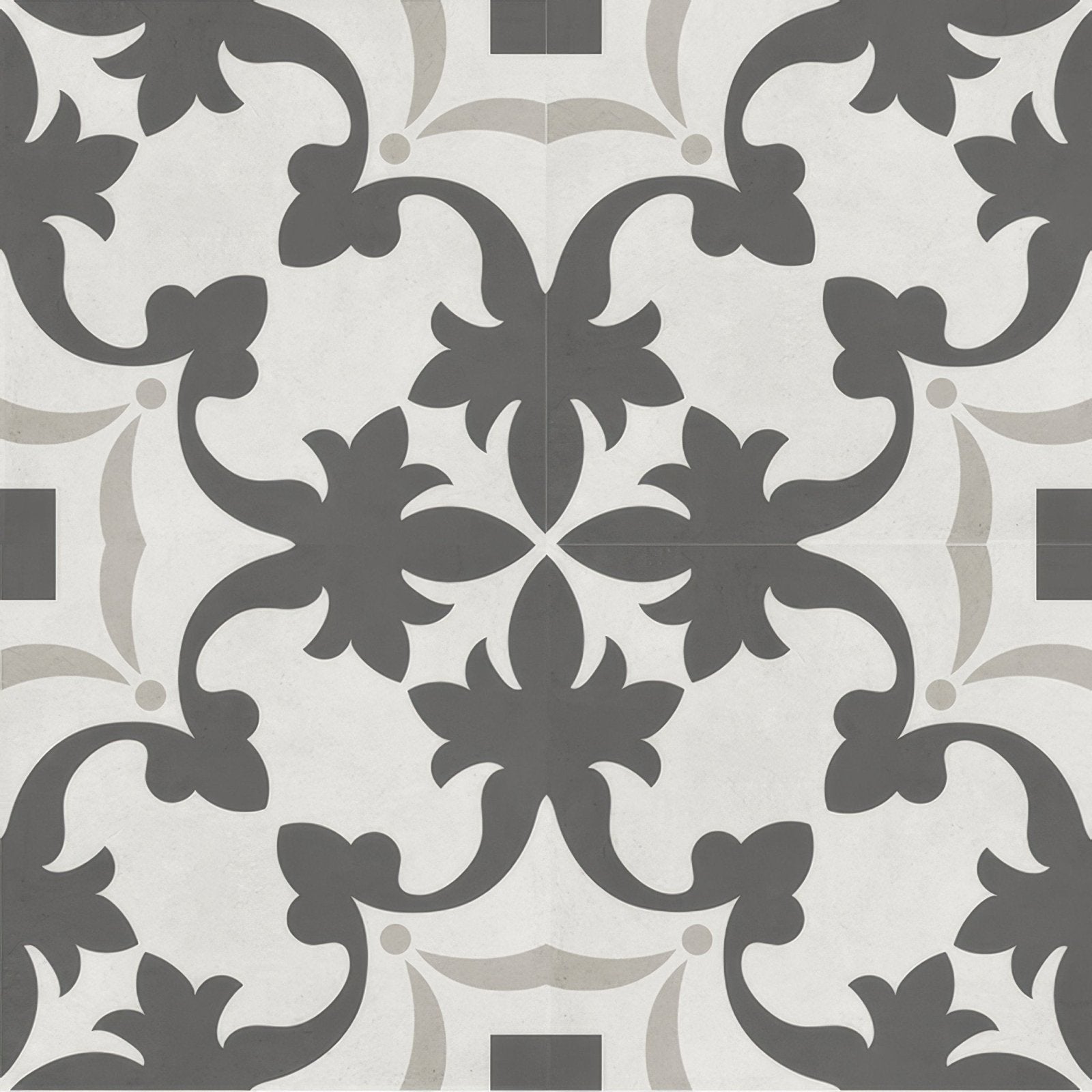 Gray and white ornate patterned tile with vintage floral design from decorata 03 patterned 15 x 15cm tile collection