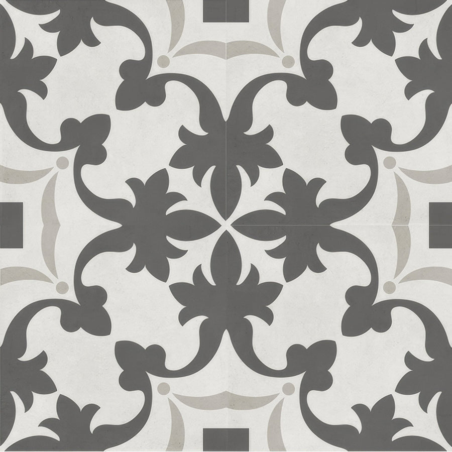 Gray and white ornate patterned tile with vintage floral design from decorata 03 patterned 15 x 15cm tile collection