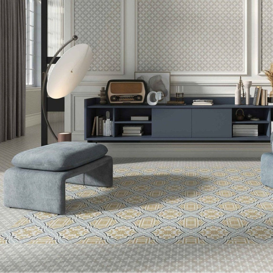 Decorata 06 patterned 15 x 15cm tile with geometric muted beige gray and cream tones and a subtle glossy finish