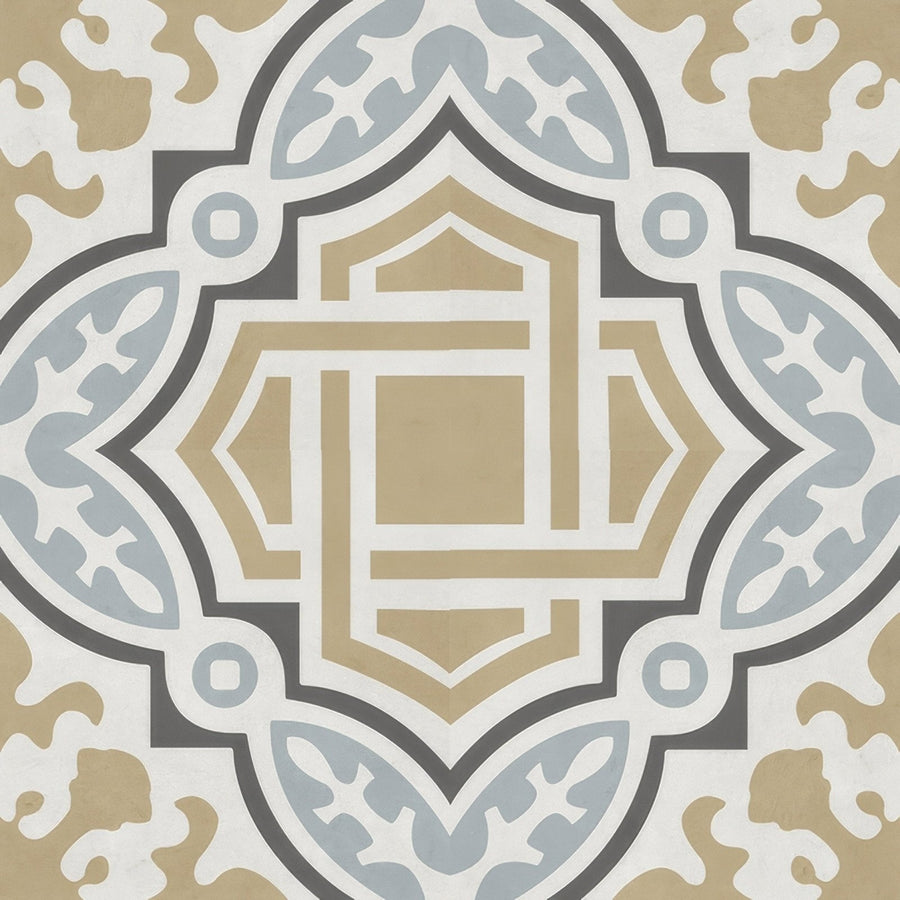 Geometric patterned decorata 06 tile in beige gray and white tones with symmetrical design 15 x 15cm size