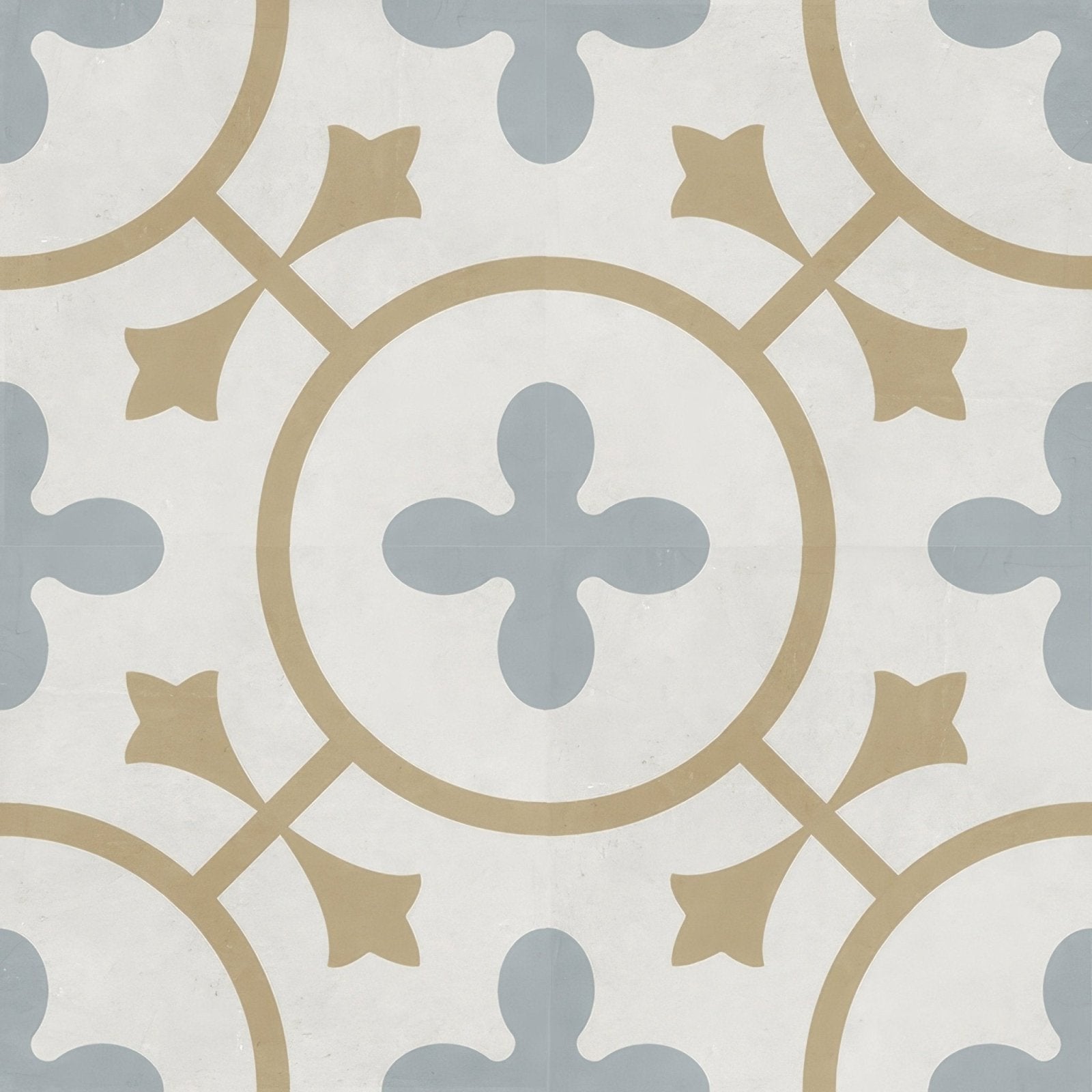 Beige and light gray ornamental floor tile with repeating quatrefoil pattern decorata 07 patterned 15 x 15cm tile