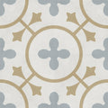 Beige and light gray ornamental floor tile with repeating quatrefoil pattern decorata 07 patterned 15 x 15cm tile