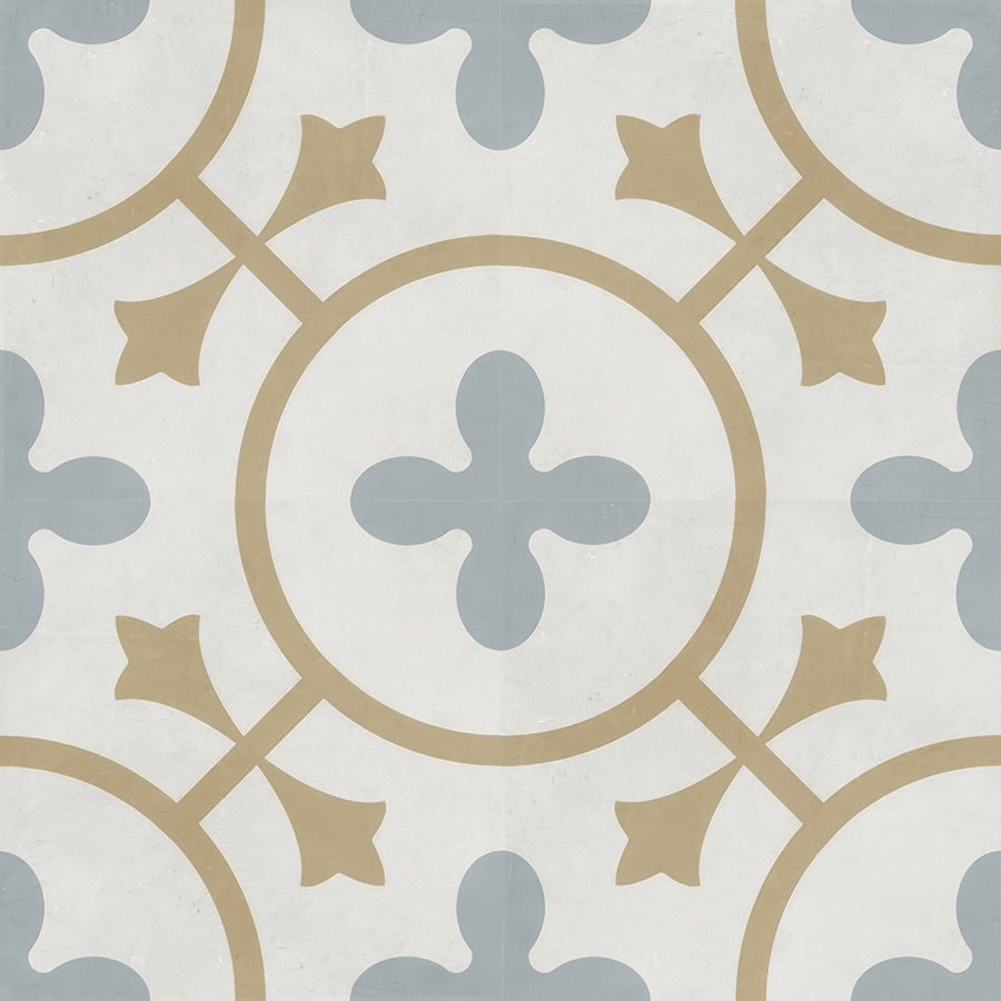 Beige and light gray ornamental floor tile with repeating quatrefoil pattern decorata 07 patterned 15 x 15cm tile