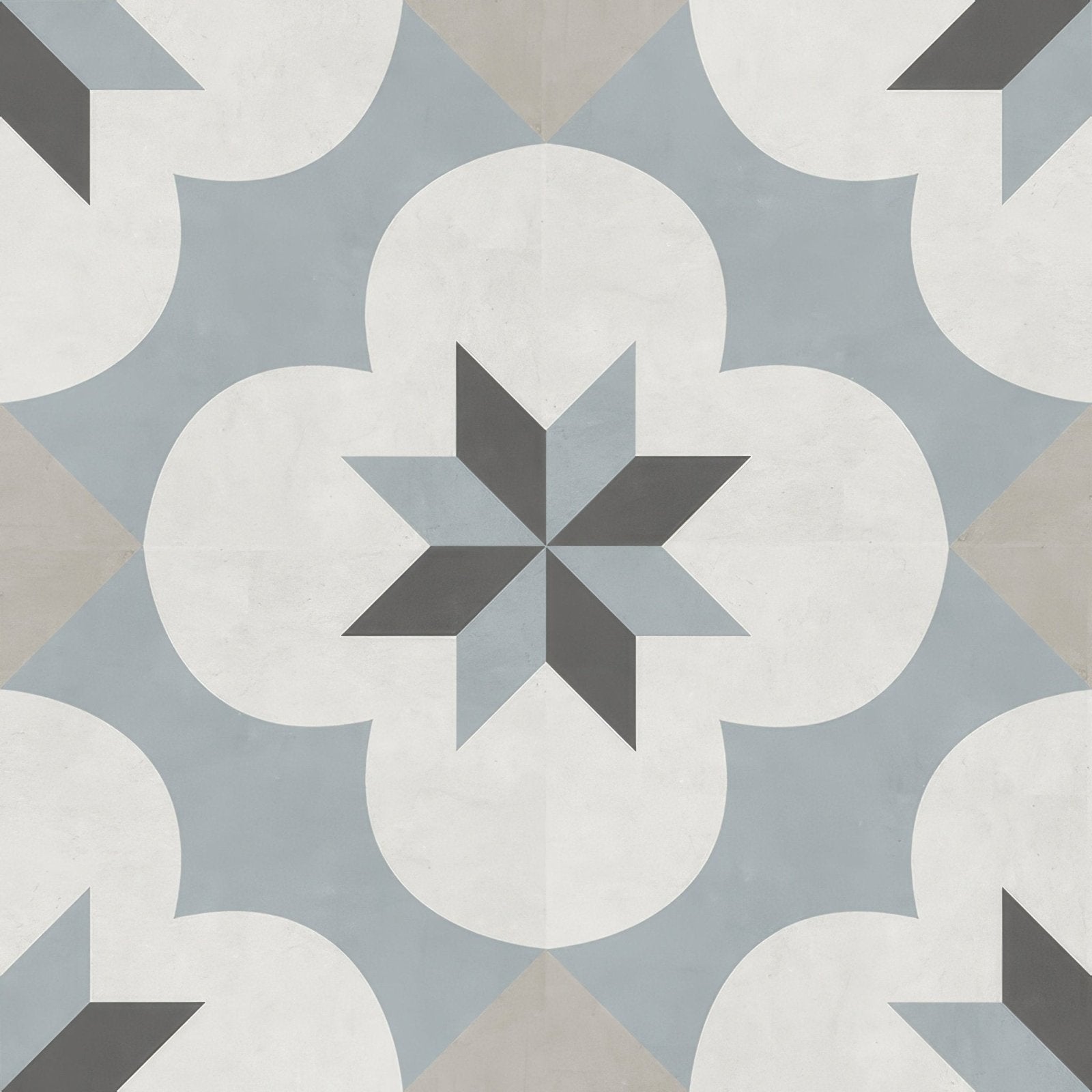 Gray and white geometric patterned ceramic tile with star-like design center decorata 09 patterned 15 x 15cm tile