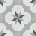 Gray and white geometric patterned ceramic tile with star-like design center decorata 09 patterned 15 x 15cm tile