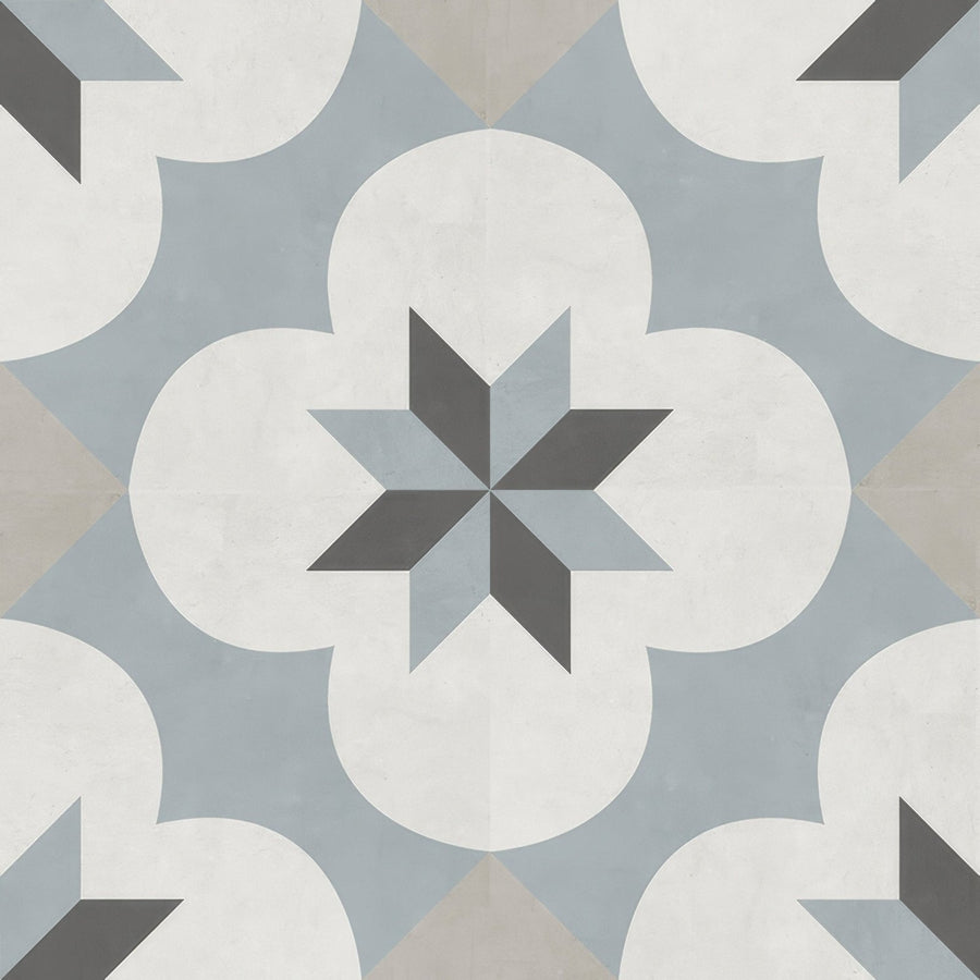 Gray and white geometric patterned ceramic tile with star-like design center decorata 09 patterned 15 x 15cm tile