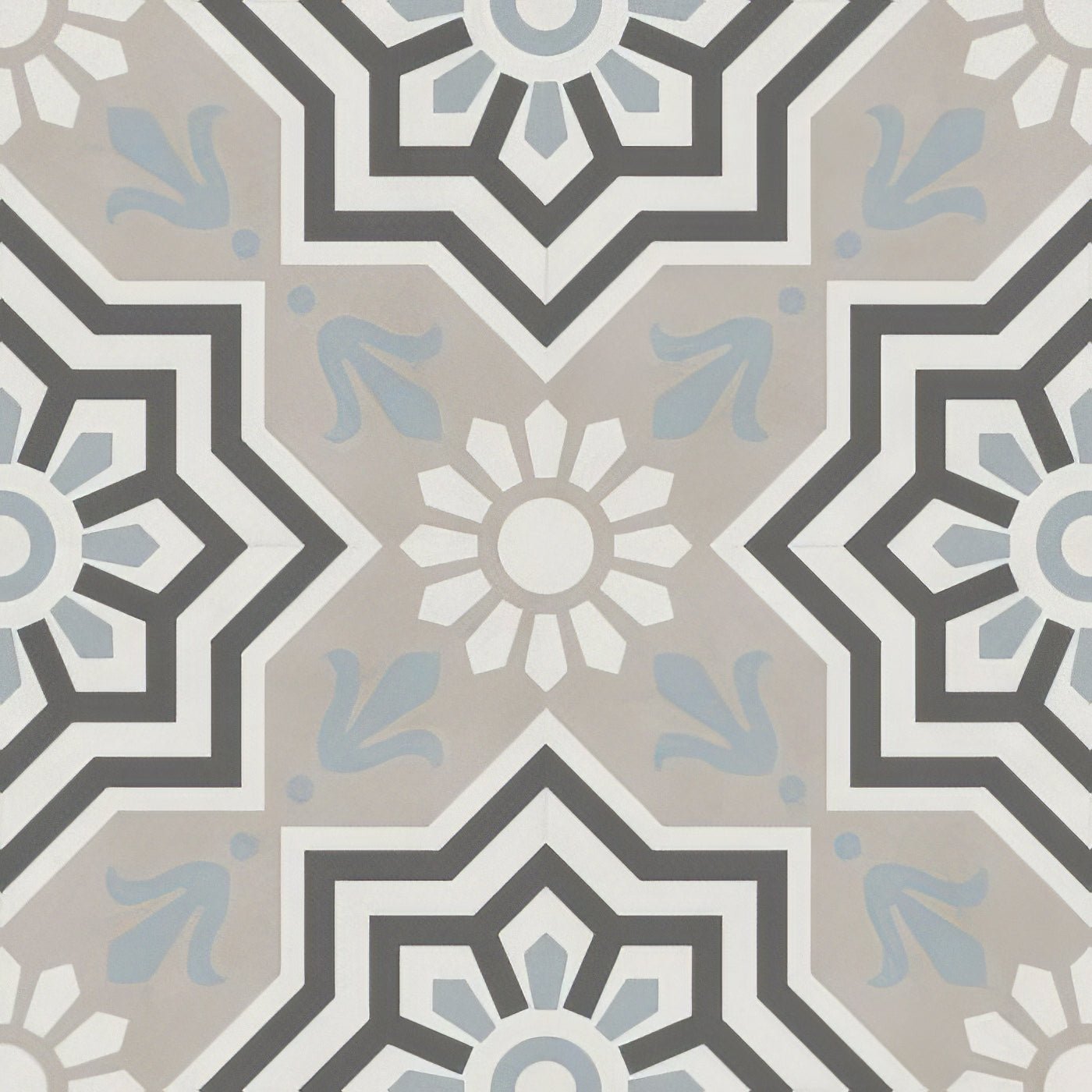 Beige and gray geometric patterned ceramic tile with sunburst motifs decorata 10 patterned 15 x 15cm tile