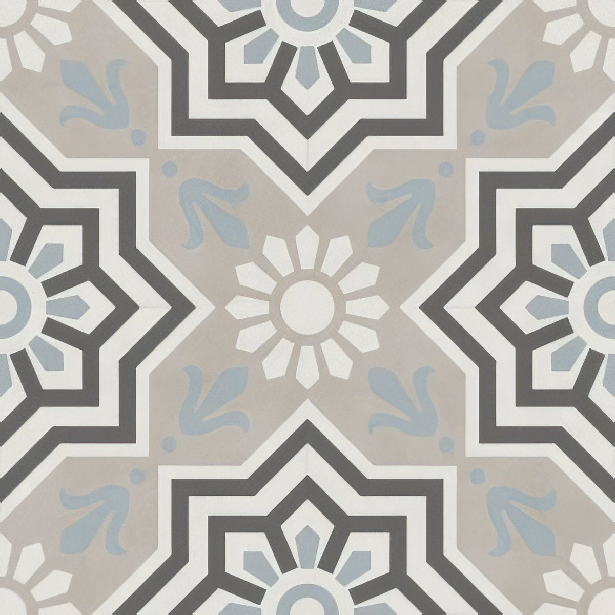 Beige and gray geometric patterned ceramic tile with sunburst motifs decorata 10 patterned 15 x 15cm tile