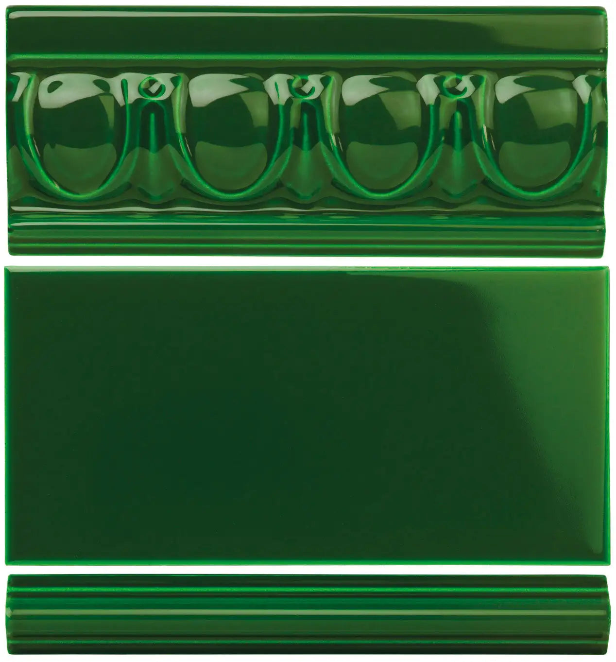 Deep emerald green ceramic tile with a glossy finish and decorative molded edges.