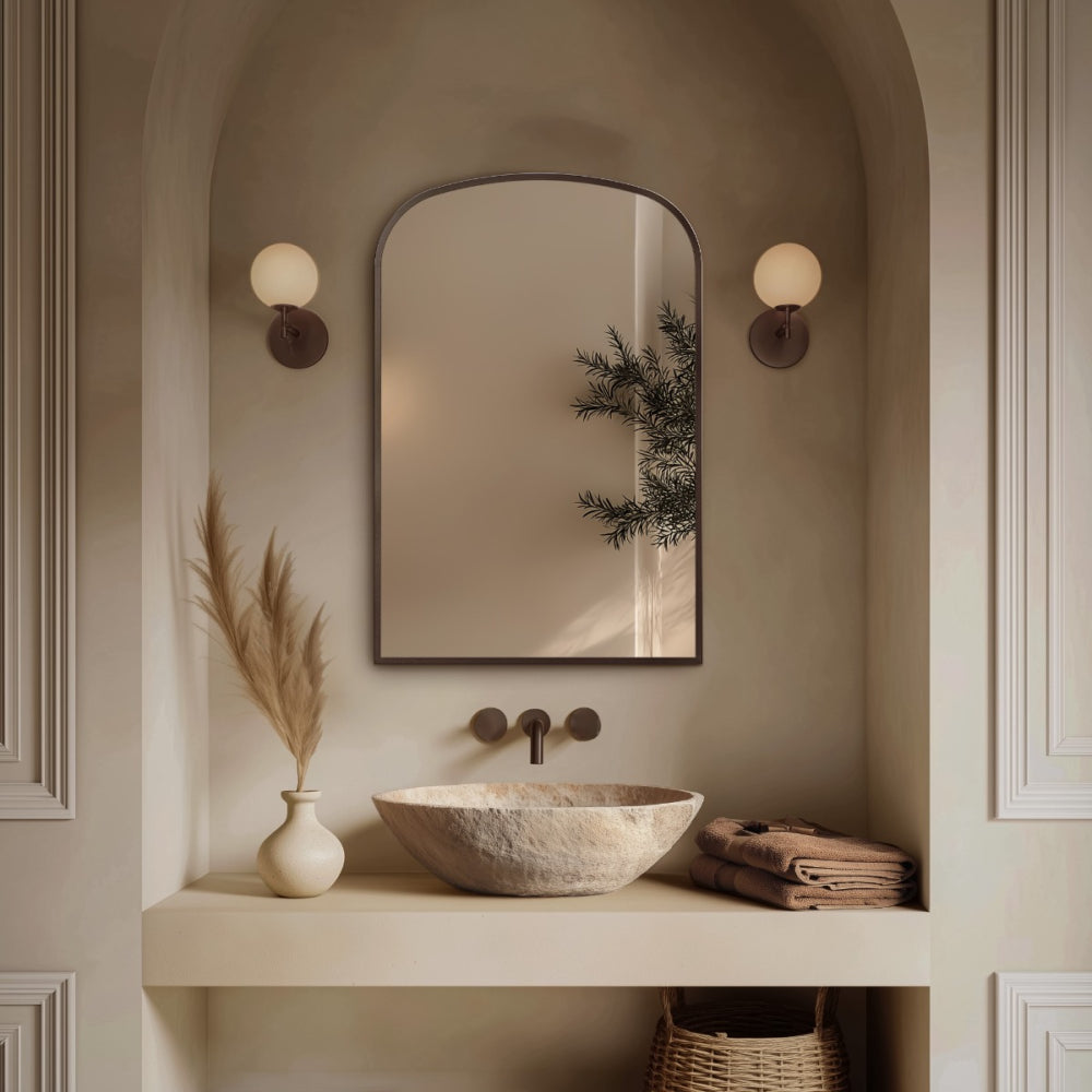 Delphine Overmantel Arch Mirror 60x90cm in Brushed Bronze - Origins Living