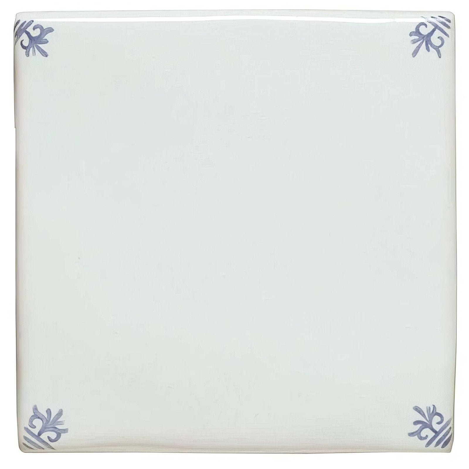 Delft white blanc ceramic tile with white base and subtle gray decorative flourishes at each corner