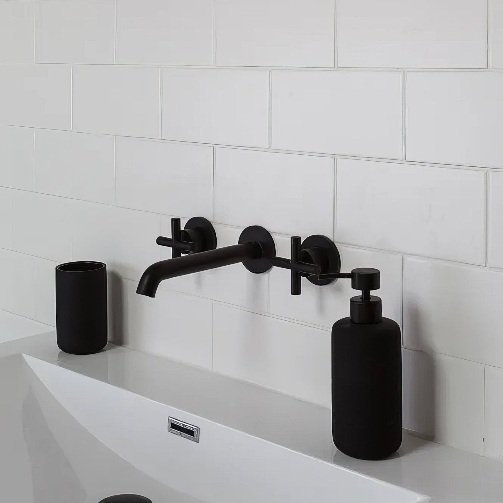 Black matte-finish wall-mounted ceramic faucet with minimalist cross handles in sleek modern design Delicate Wall Ceramic Metro
