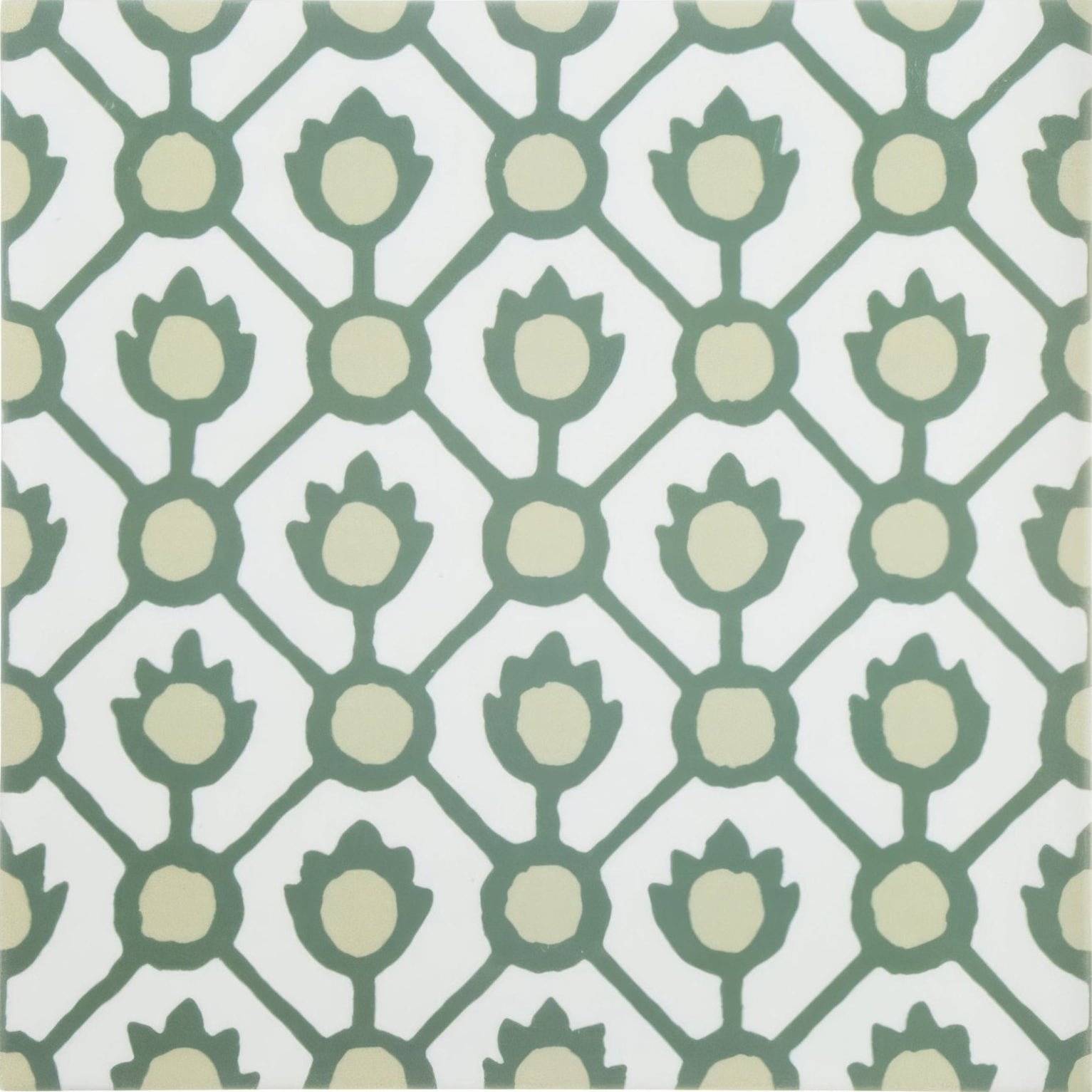 White ceramic tile designers guild jaal moss with sage green tulip pattern and cream centers in diamond grid design