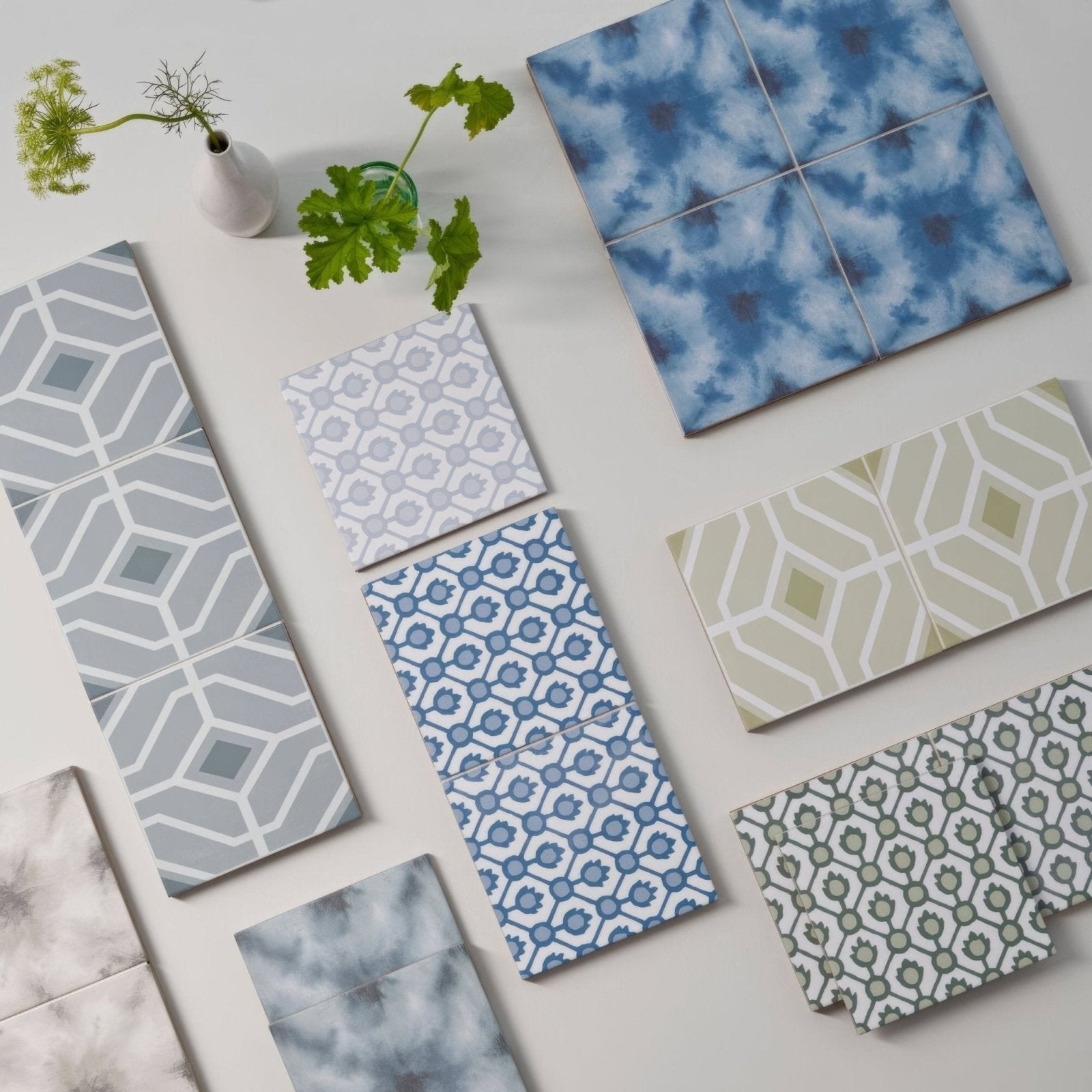 Designers guild jaal moss blue and white geometric patterned ceramic tiles with modern minimalist design