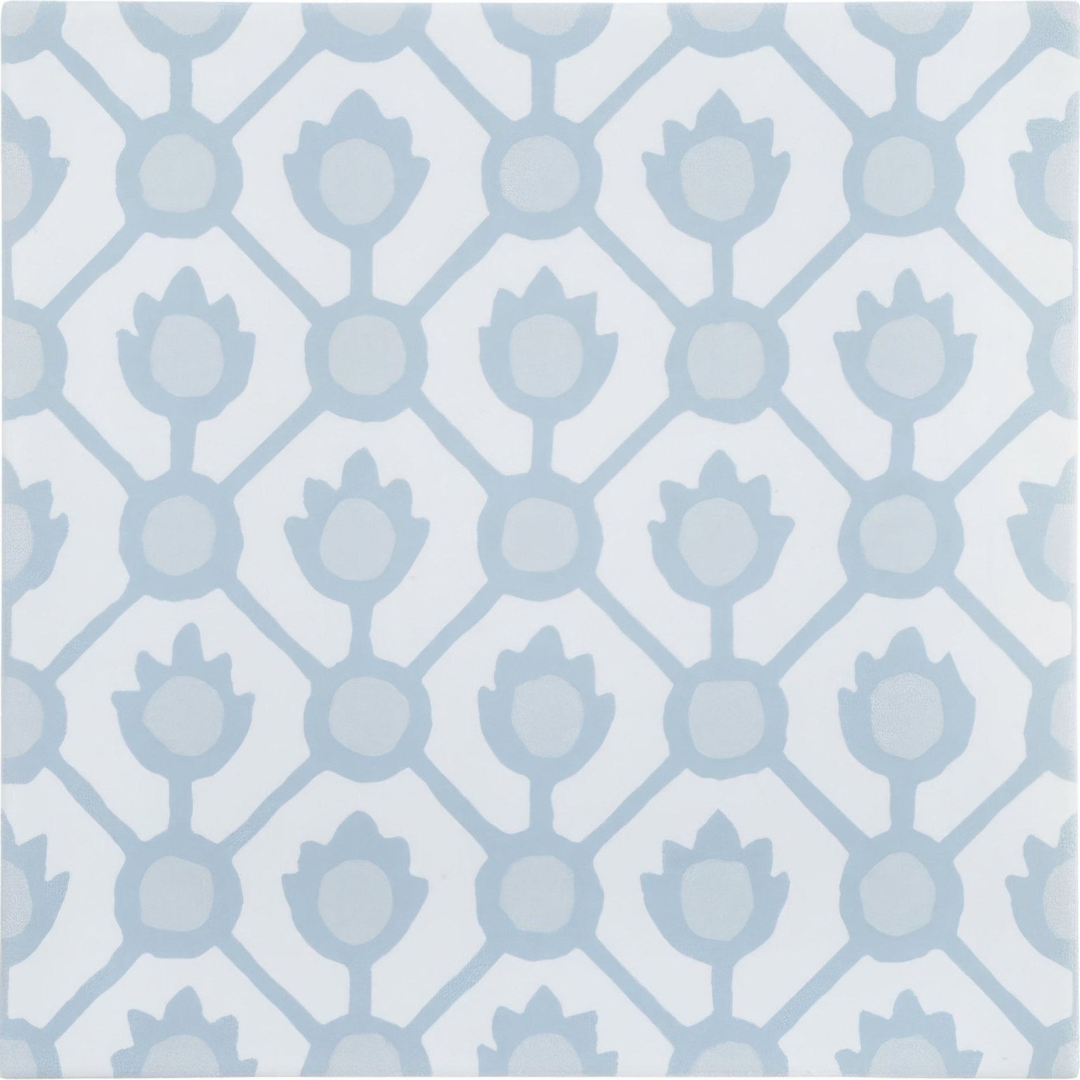 Designers guild jaal sky blue wallpaper with light blue tulip pattern and geometric lattice design for interior walls