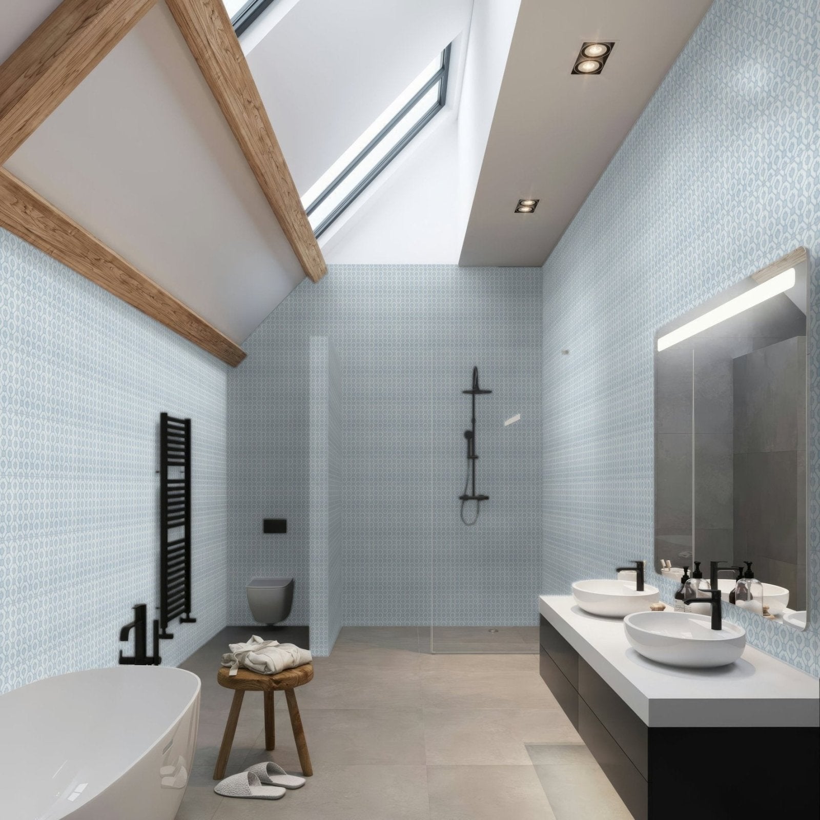 Modern bathroom with designers guild jaal sky blue light blue mosaic tiles wooden beams and black fixtures